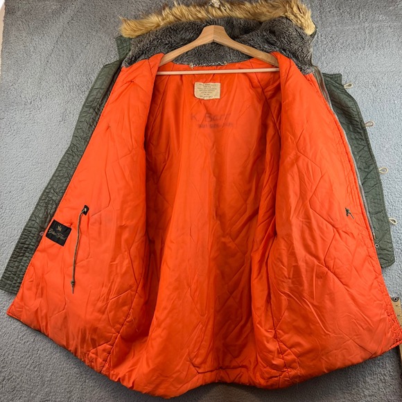 Vintage N3-B Army Green Hooded Fur Trim Hooded Puffer Jacket Coat Mens Sz 44 - Picture 6 of 16